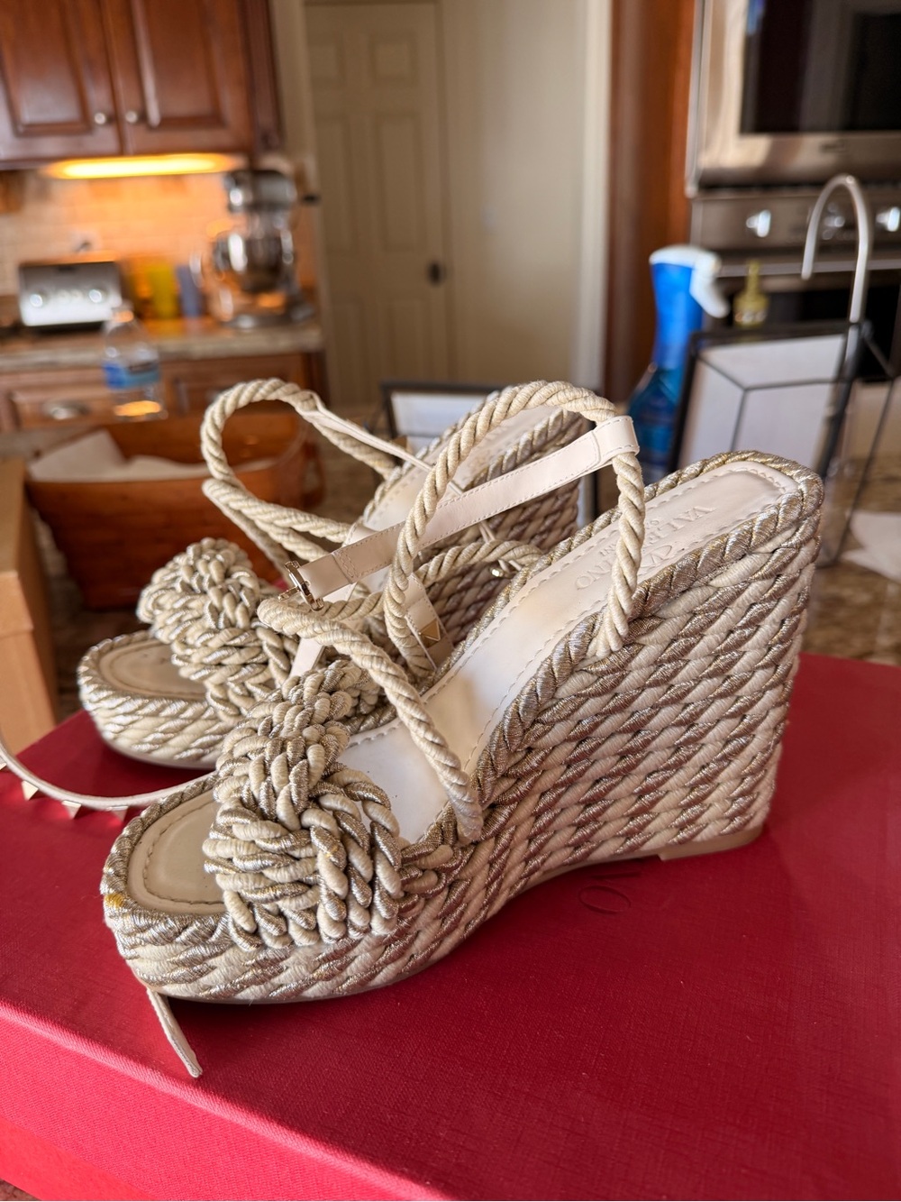 VALENTINO Braided Rope Wedge Sandals - Natural Beige